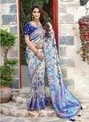 Off White And Blue Colour Latest Fancy Wedding Wear Heavy Thread Zari And Cord Embroidery Tassels Printed Silk Saree Collection 13502